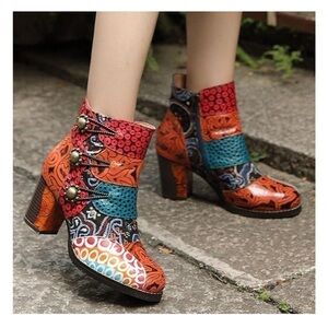 Johnature Leather Mixed Colors Boots Shoes Zip Round Toe Sewing High Heel Ankle